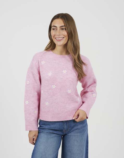 Brave Soul Soft crew neck daisy embroidery jumper in pink - view 1