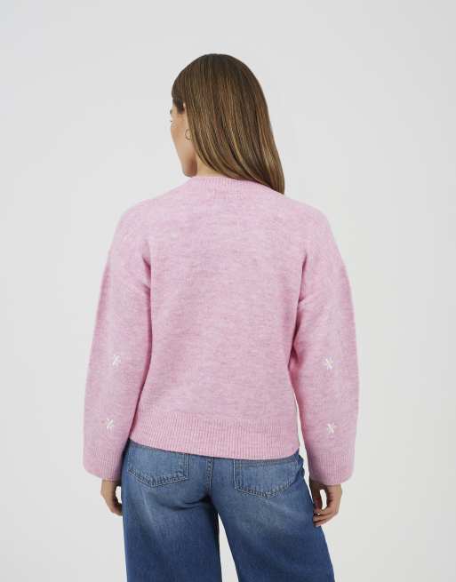 Brave Soul Soft crew neck daisy embroidery jumper in pink, 3 of 4