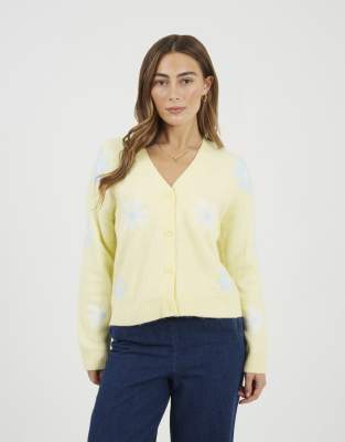 Brave Soul Soft flower jacquard knitted cardigan in yellow