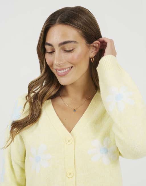 Brave Soul Soft flower jacquard knitted cardigan in yellow, 3 of 4
