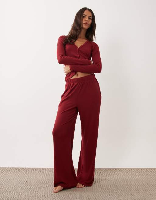 Brave Soul soft touch button down pyjamas in burgundy, 2 of 4