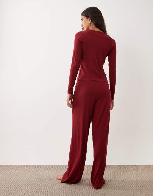 Brave Soul soft touch button down pyjamas in burgundy, 3 of 4