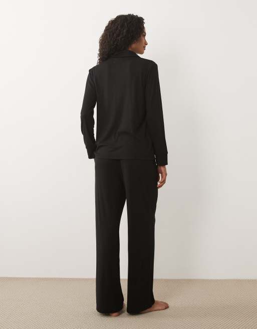 Brave Soul soft touch button down shirt and pants pajama set in black, 4 of 4