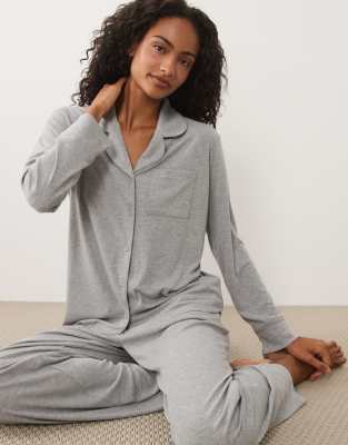Brave Soul Soft Touch Button Down Shirt And Pants Pajama Set In Gray