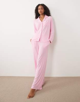 Brave Soul Soft Touch Button Down Shirt And Pants Pajamas In Pink