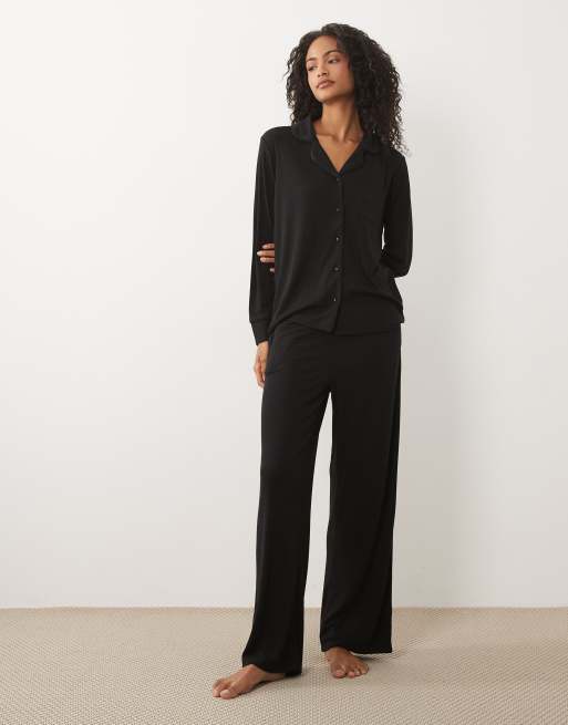 Brave Soul soft touch button down shirt and pants pyjamas in black, 2 of 4
