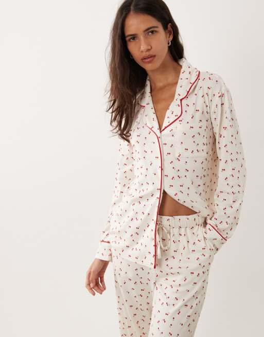 Brave Soul soft touch button down shirt and pants pyjamas in cherry print, 2 of 4