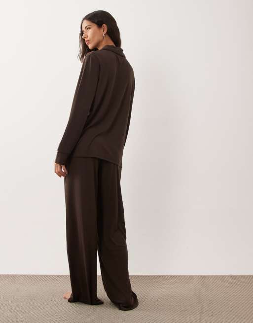 Brave Soul soft touch button down shirt and pants pyjamas in chocolate brown, 4 of 4