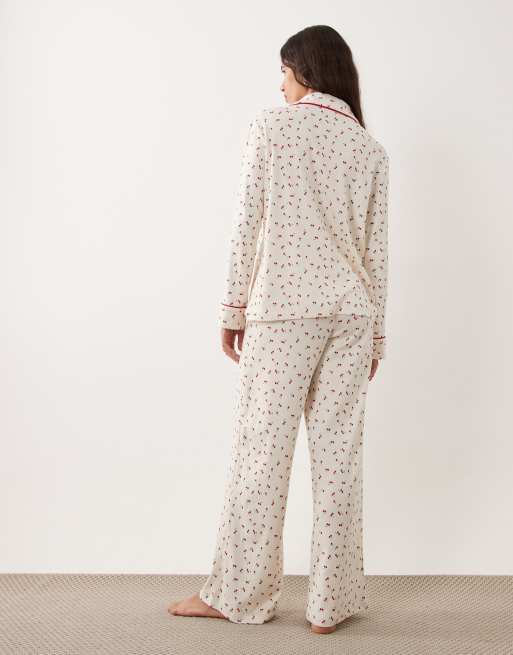 Brave Soul soft touch button down shirt and trouser pyjamas in cherry print, 3 of 4