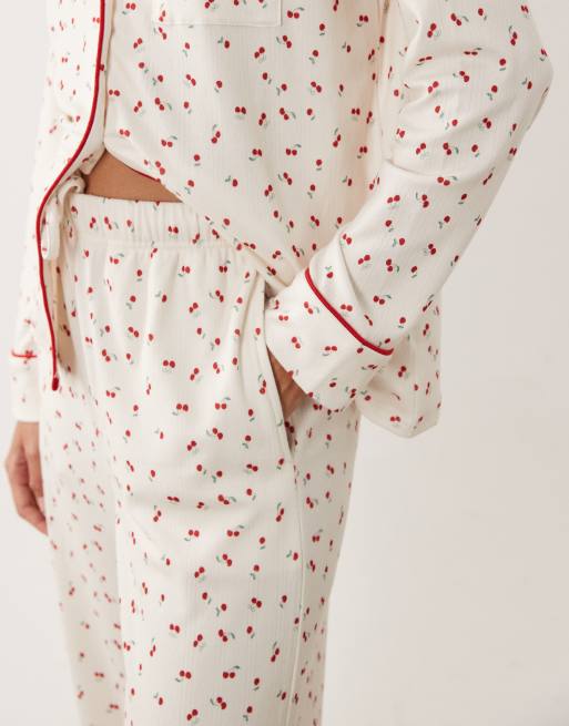 Brave Soul soft touch button down shirt and trouser pyjamas in cherry print, 4 of 4
