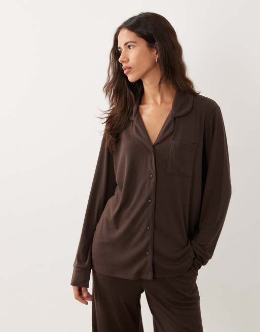 Brave Soul soft touch button down shirt and trouser pyjamas in chocolate brown, 2 of 4