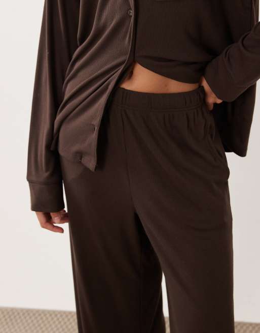 Brave Soul soft touch button down shirt and trouser pyjamas in chocolate brown, 3 of 4