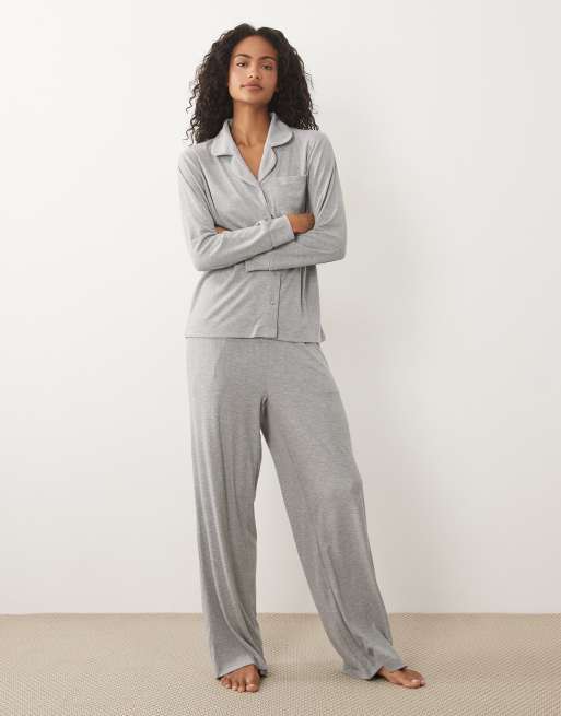 Brave Soul soft touch button down shirt and trouser pyjamas in light grey, 2 of 4