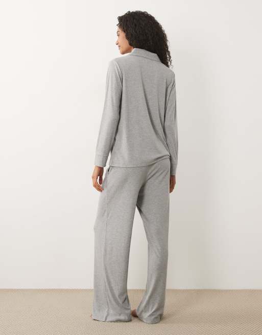 Brave Soul soft touch button down shirt and trouser pyjamas in light grey, 4 of 4