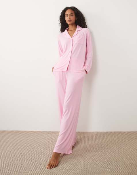 Brave Soul soft touch button down shirt and trouser pyjamas in pink - view 1