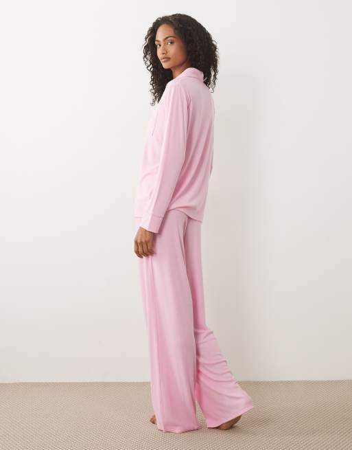 Brave Soul soft touch button down shirt and trouser pyjamas in pink, 4 of 4
