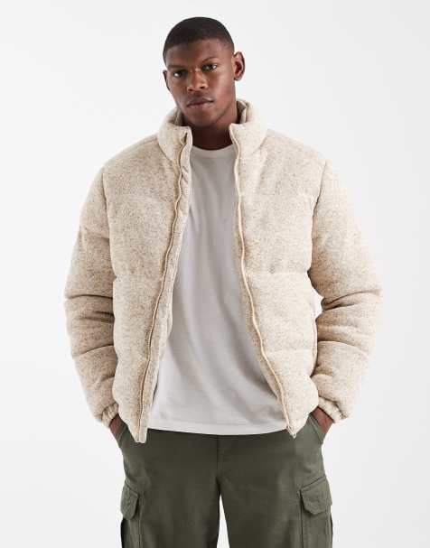 Brave Soul soft-touch funnel neck zip-through puffer jacket in stone - view 1