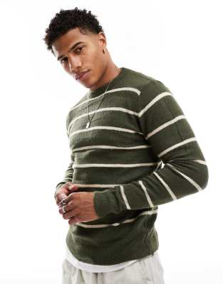 Brave Soul Brave Soul soft touch relaxed fit jumper in dark green stripe