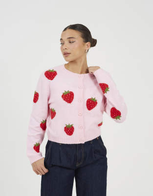 Brave Soul Soft touch strawberry jacquard knit cardigan in pink