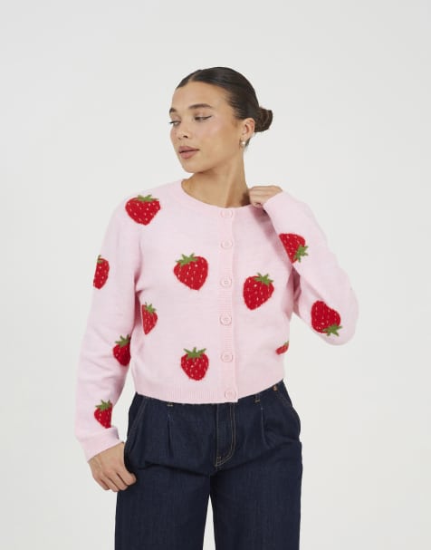 Brave Soul Soft touch strawberry jacquard knit cardigan in pink - view 1