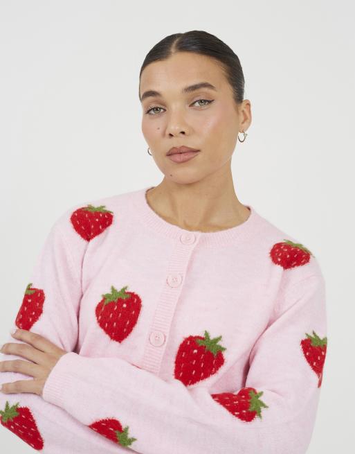 Brave Soul Soft touch strawberry jacquard knit cardigan in pink, 3 of 4