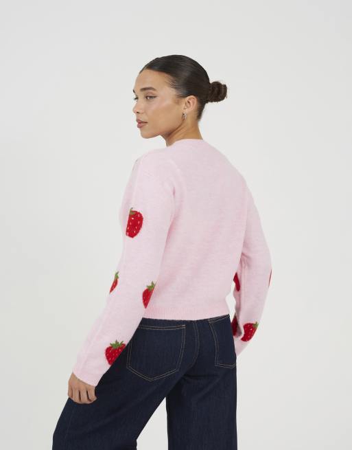 Brave Soul Soft touch strawberry jacquard knit cardigan in pink, 4 of 4