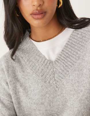 Brave Soul Soft Touch V Neck Sweater In Gray