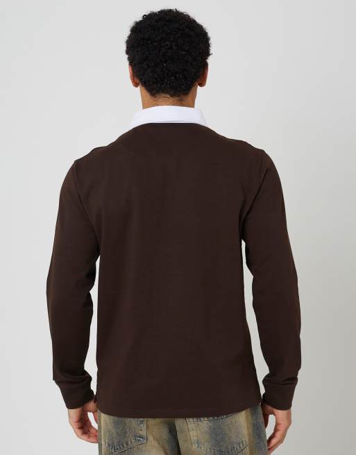 Brave Soul Solid colour rugby shirt in chocolate, 3 of 4