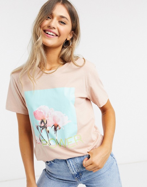 Brave Soul sora oversized t shirt with power photo print in blush