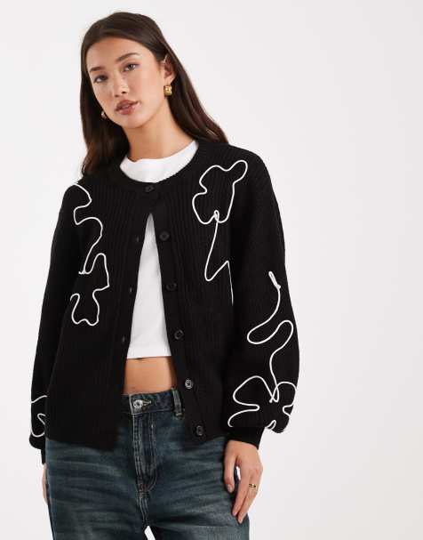 Brave Soul - Sort cardigan i strik med rund hals og broderidetalje i kontrastfarve - view 1