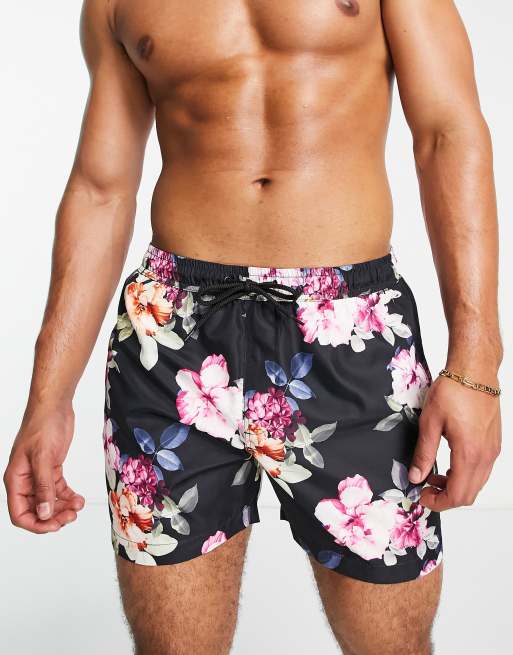 Brave Soul - Sorte badeshorts med blomstermønster