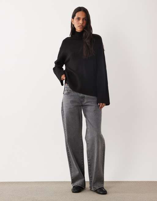 Brave Soul split hem roll neck jumper with wide sleeves in black, 2 of 4