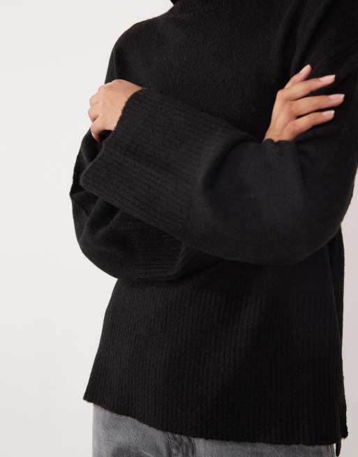 Brave Soul split hem roll neck jumper with wide sleeves in black, 3 of 4