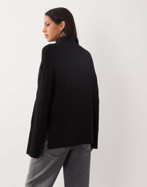 Brave Soul split hem roll neck jumper with wide sleeves in black, 4 of 4
