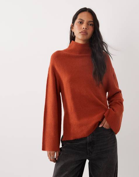 Brave Soul split hem roll neck jumper with wide sleeves in rust brown - view 1