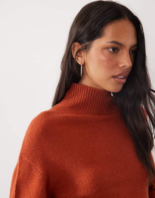 Brave Soul split hem roll neck jumper with wide sleeves in rust brown, 2 of 4