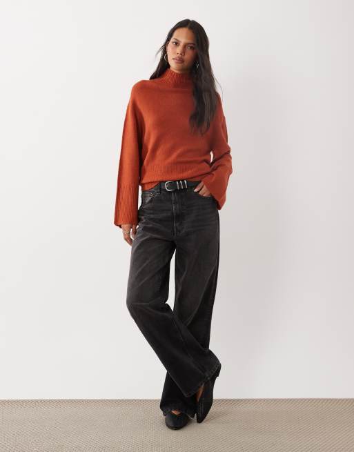 Brave Soul split hem roll neck jumper with wide sleeves in rust brown, 3 of 4