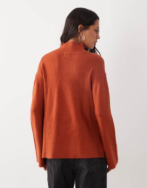 Brave Soul split hem roll neck jumper with wide sleeves in rust brown, 4 of 4