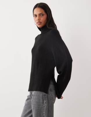 Brave Soul Split Hem Turtleneck Sweater With Wide Sleeves In Black