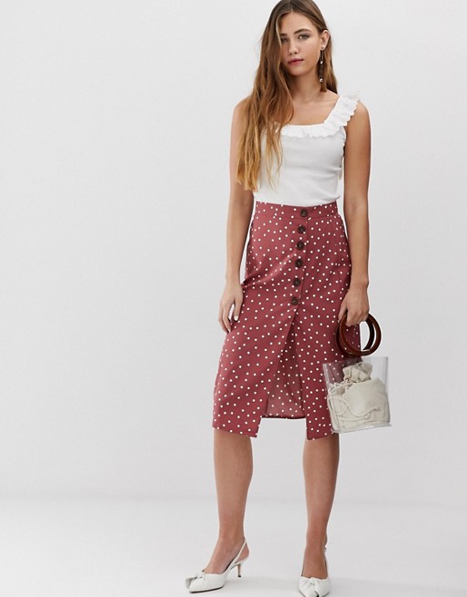 Brave Soul spot midi skirt with button detail and split