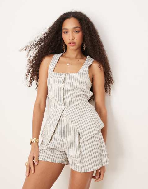 Brave Soul square neck button up vest with tie back in ecru stripe - part of a set - view 1