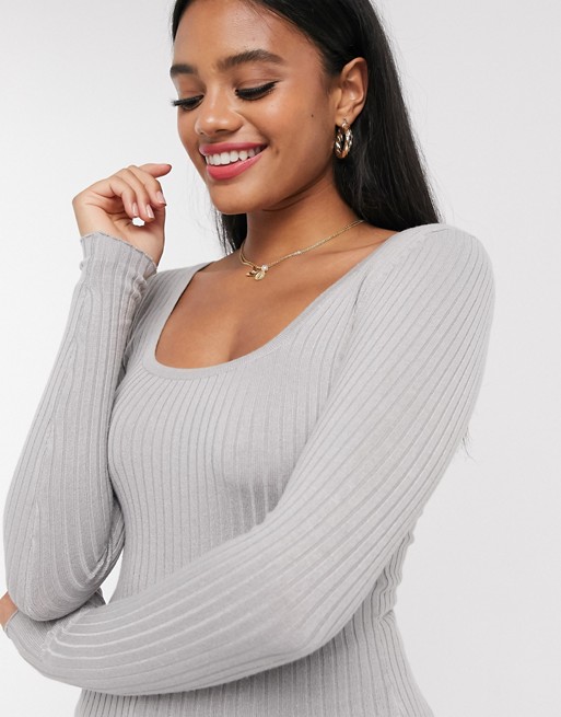 Brave Soul square neck knitted top in grey