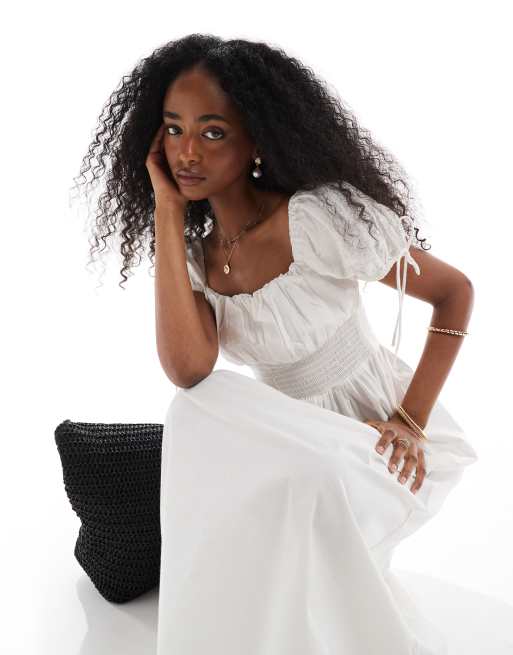 Brave Soul square neck milkmaid midi dress with puff sleeve in white, 2 of 4