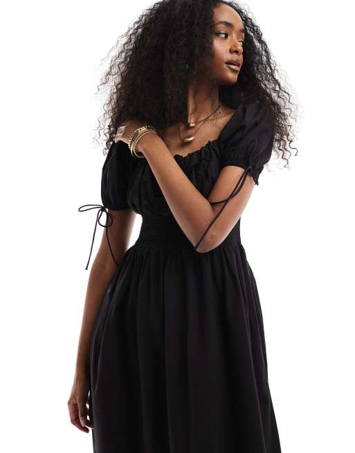 Brave Soul square neck milkmaid midi dress with puff sleeves in black | ASOS