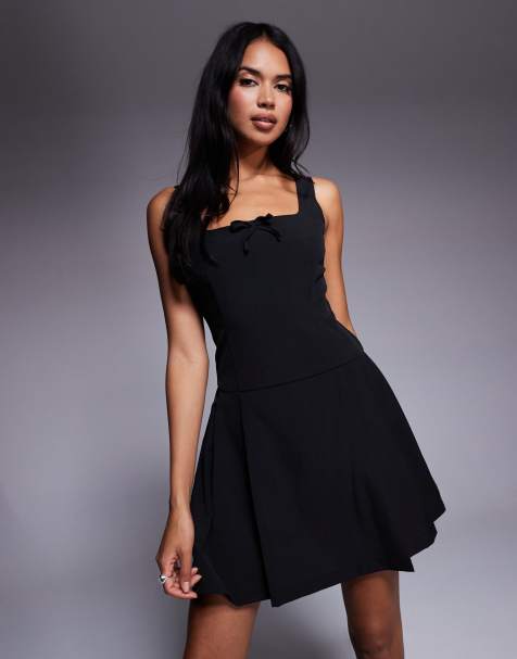 Brave Soul square neck pleated mini dress with bow detail in black - view 1