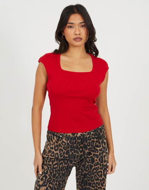 Brave Soul Square neck short sleeve t-shirt in red