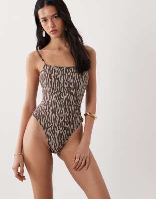 Brave Soul Square Neck Swimsuit In Brown