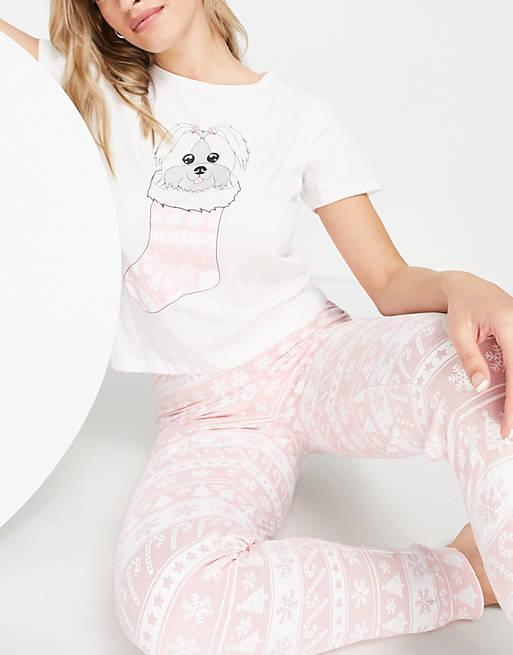 Brave Soul squish fairisle long pyjamas in pink and white