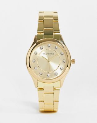 Brave Soul stainless steel bracelet watch with diamante face detail in gold