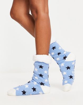 Brave Soul stars cosy bed socks in icy blue